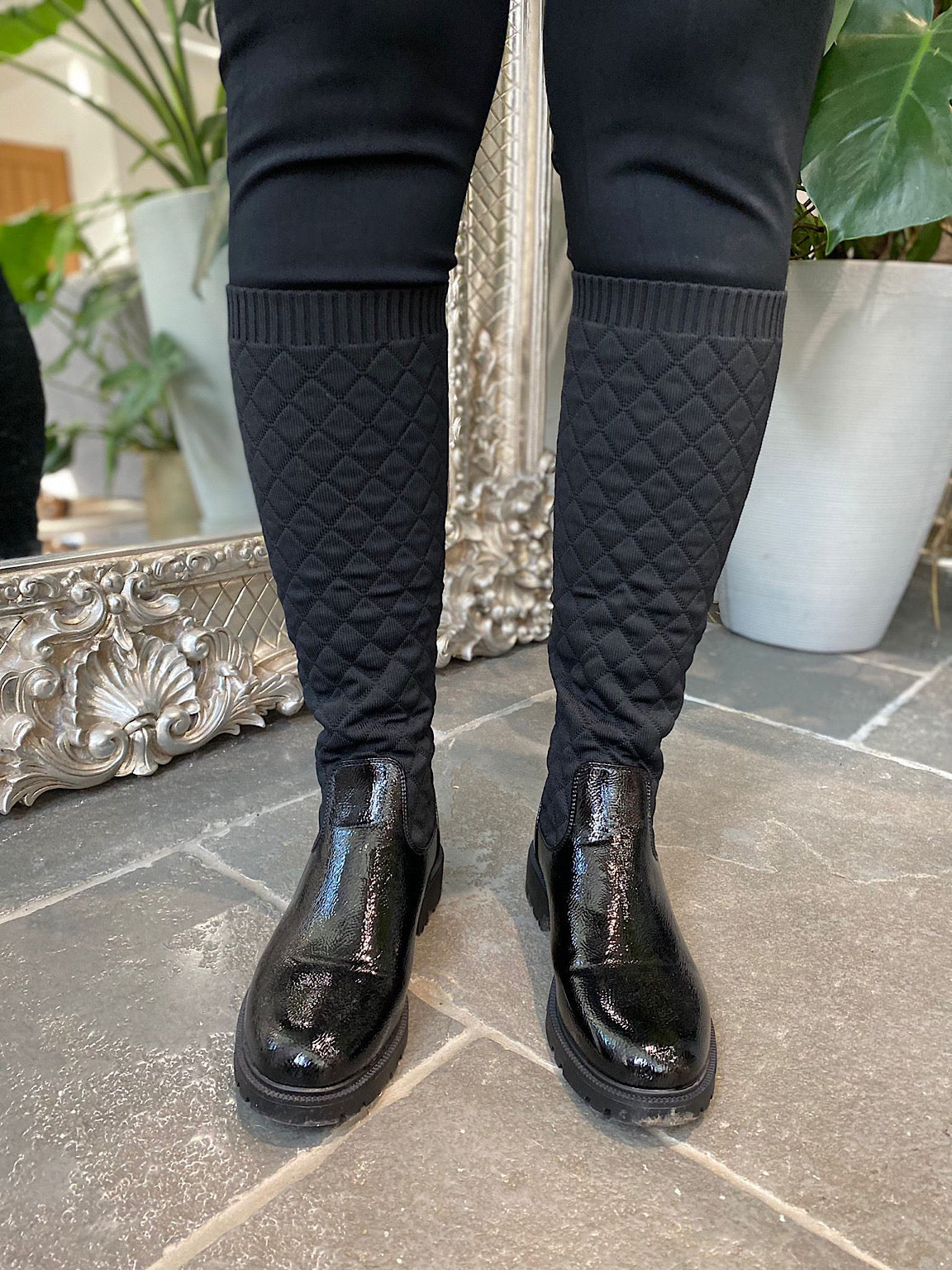 Black Quilted Knee High Boots