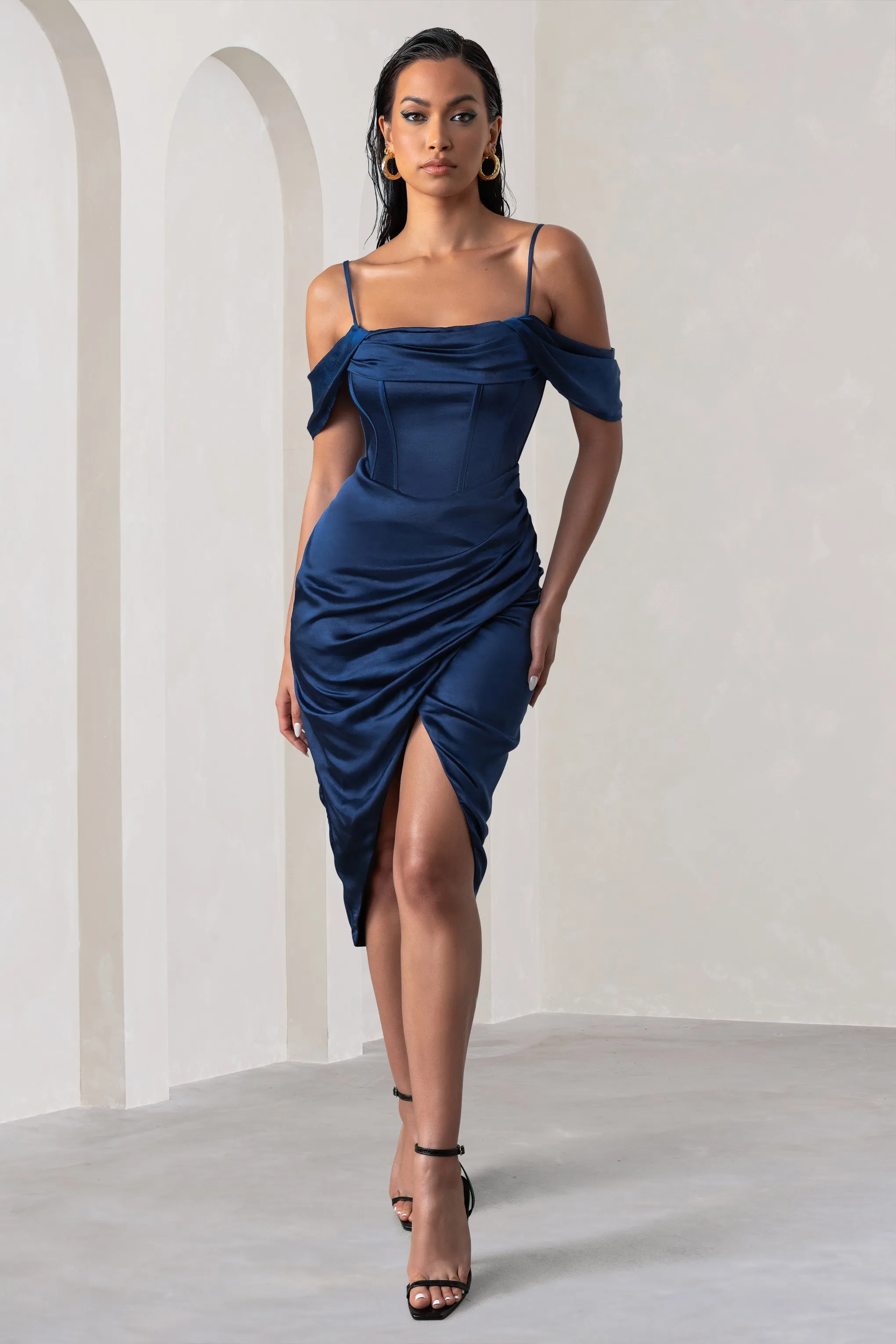 Deserving | Navy Satin Bardot Sleeve Corset Wrap Midi Dress