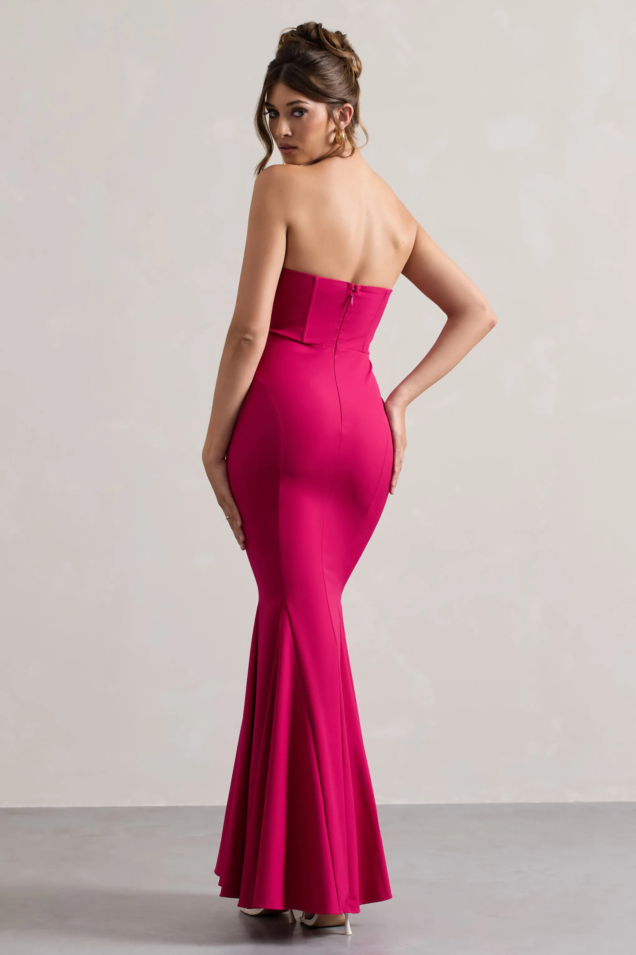 Idyllic | Hot Pink Strapless Corset Style Fishtail Maxi Dress