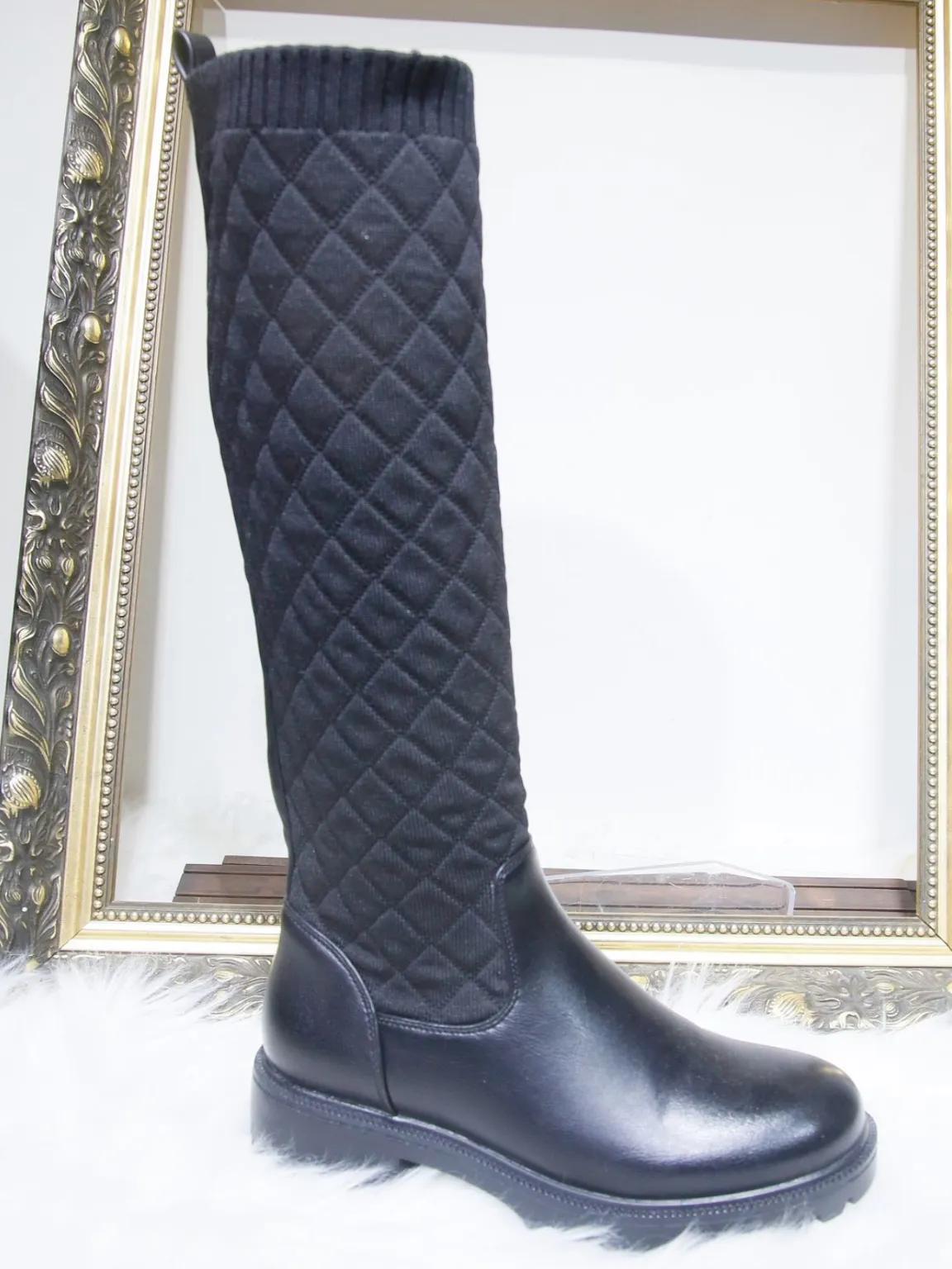 Matte Black Quilted Knee High Boots