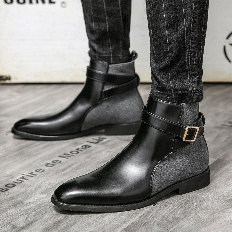 Men's Business Leather Ankle Dress Boots - HZ130 Casual Shoes