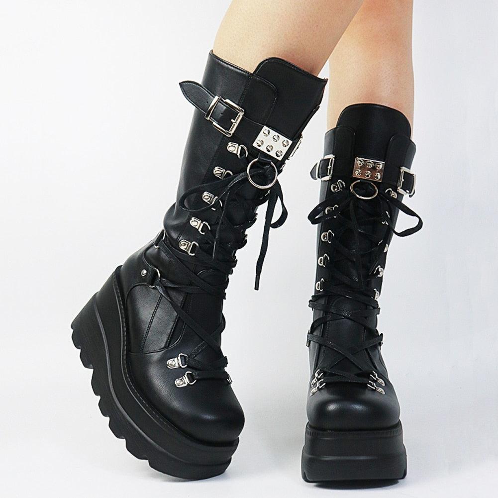 Step Up Your Style with Ladies High Platform Boots Fashion Rivet Goth High Heel Boots