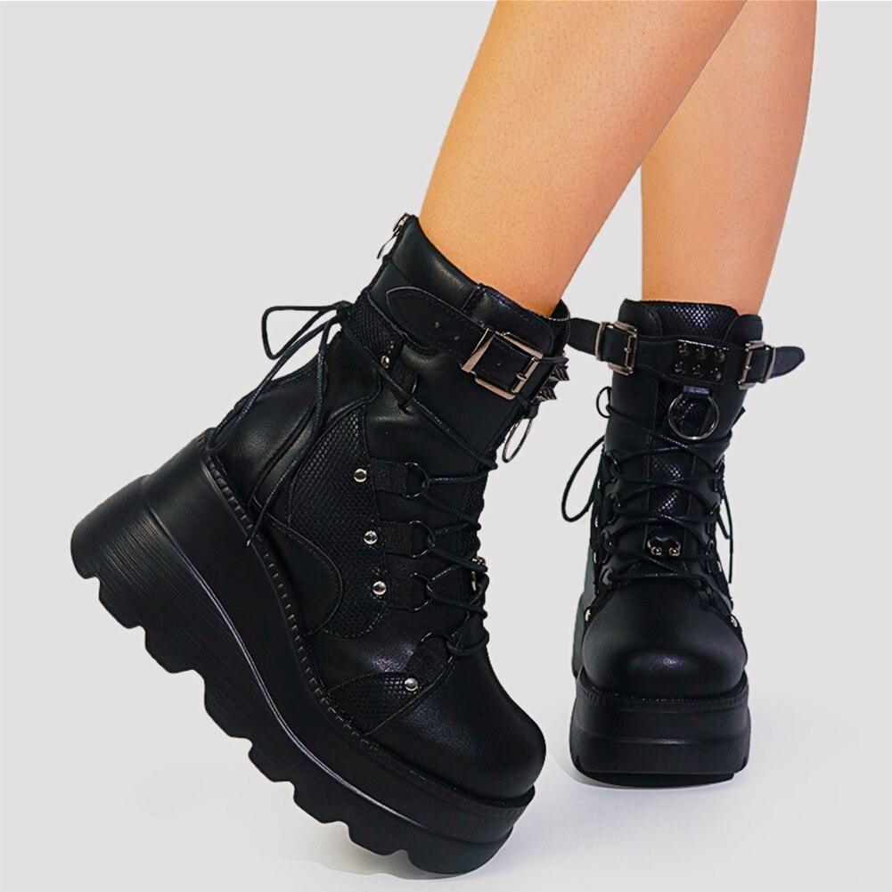 Step Up Your Style with Ladies High Platform Boots Fashion Rivet Goth High Heel Boots