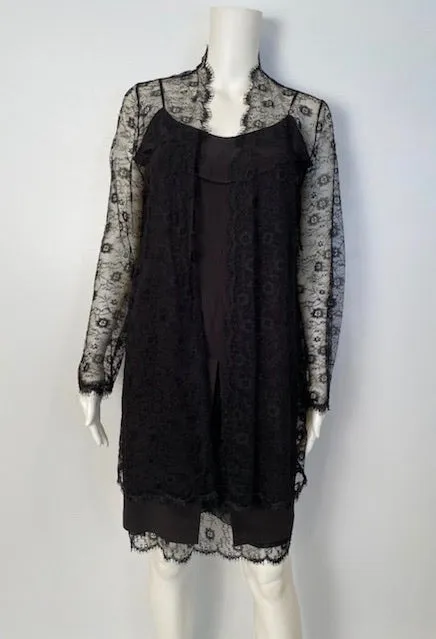 Vintage 01P, 2001 Spring Chanel 2 piece set Black Spaghetti Strap Dress with Lace overlay jacket US 2/4